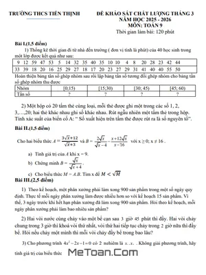 Đề Khảo Sát Toán 9 Tháng 3 Năm 2026 Trường THCS Tiến Thịnh - Hà Nội