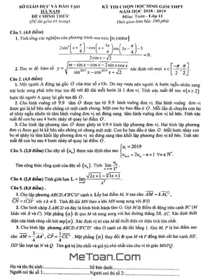 Đề thi học sinh giỏi Toán 11 THPT năm 2018 - 2019 sở GD&ĐT Hà Nam