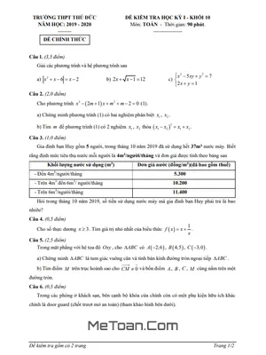 Đề kiểm tra học kì 1 Toán 10 năm 2019 - 2020 trường THPT Thủ Đức - TP HCM