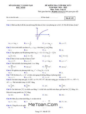 Đề kiểm tra cuối kỳ 1 Toán 12 năm 2021 - 2022 sở GD&ĐT Bắc Ninh