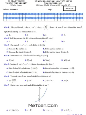 Đề thi học kỳ 1 Toán 12 năm 2018 - 2019 trường THPT Kim Liên - Hà Nội (có đáp án)