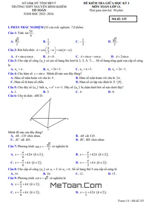 Đề Thi Giữa Học Kỳ 1 Toán 11 Năm 2023 - 2024 Trường THPT Nguyễn Bỉnh Khiêm - BR VT