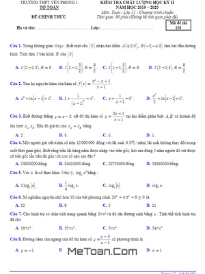 Đề kiểm tra chất lượng HK2 Toán 12 năm 2019 – 2020 trường Yên Phong 1 – Bắc Ninh