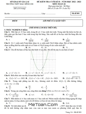 Đề Thi Cuối Kì 2 Toán 10 Năm 2022 - 2023 Trường THPT Mạc Đĩnh Chi – Gia Lai