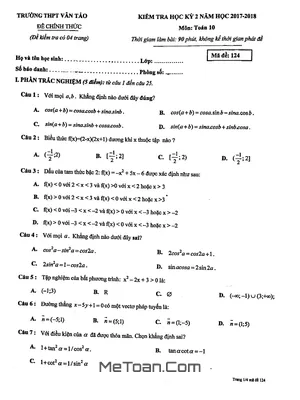 Đề thi học kỳ 2 Toán 10 năm 2017-2018 trường THPT Vân Tảo - Hà Nội (Mã đề 124)