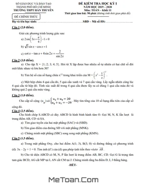 Đề thi học kì 1 Toán 11 năm 2019 - 2020 trường THPT Hàn Thuyên - TP HCM