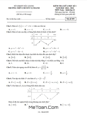 Đề Thi Giữa Kì 1 Toán 12 Năm 2022 - 2023 Trường Chuyên Vị Thanh - Hậu Giang