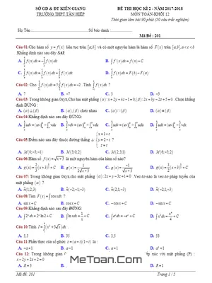 Đề thi học kỳ 2 Toán 12 năm 2017 - 2018 trường Tân Hiệp - Kiên Giang