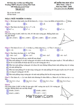 Đề Thi Học Kì 2 Môn Toán Lớp 11 Năm 2022 - 2023 Trường Chuyên Lương Thế Vinh - Đồng Nai
