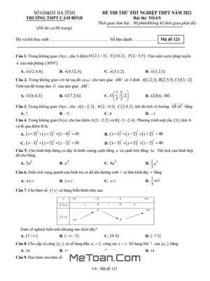 Đề thi thử tốt nghiệp THPT 2021 môn Toán trường THPT Cẩm Bình - Hà Tĩnh