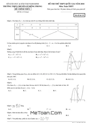 Đề thi thử THPTQG 2018 môn Toán trường chuyên Lê Hồng Phong - Nam Định