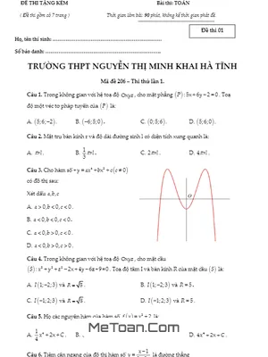 Đề Thi Thử THPT Quốc Gia 2017 Môn Toán Trường Nguyễn Thị Minh Khai - Hà Tĩnh Lần 1