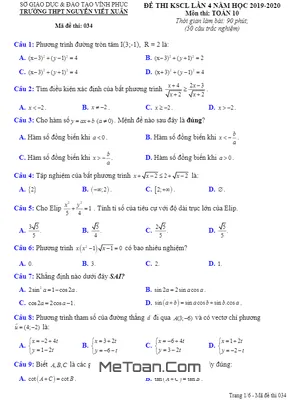 Đề KSCL Toán 10 Lần 4 Năm 2019 - 2020 Trường THPT Nguyễn Viết Xuân - Vĩnh Phúc