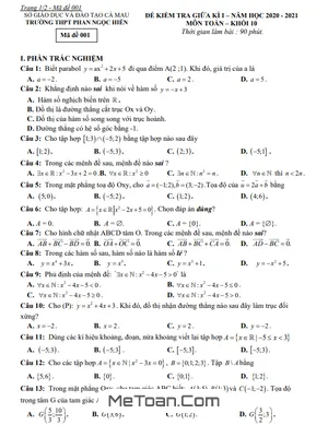Đề thi giữa HK1 Toán 10 năm 2020 – 2021 trường THPT Phan Ngọc Hiển – Cà Mau