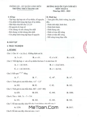 Hướng Dẫn Ôn Tập Học Kì 1 Toán 6 Năm 2021 - 2022 Trường THCS Thanh Am - Hà Nội