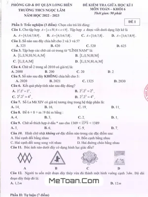 Đề Thi Giữa Kỳ 1 Toán Lớp 6 Năm 2022-2023 Trường THCS Ngọc Lâm - Hà Nội