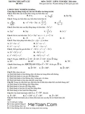 Đề thi giữa kì 1 Toán 8 năm 2023 - 2024 trường THCS Dữu Lâu - Phú Thọ