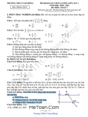 Đề thi giữa kì 1 Toán 7 năm 2020 - 2021 trường THCS Tam Hồng - Vĩnh Phúc