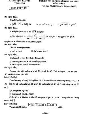 Đề thi học kì 1 Toán 9 năm 2020 - 2021 Sở GD&ĐT Vĩnh Long [Có lời giải]
