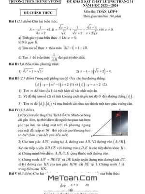 Đề khảo sát Toán 9 tháng 11 năm 2023 - 2024 trường THCS Trưng Vương - Hà Nội