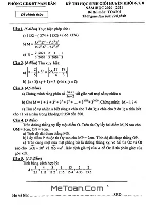 Đề thi học sinh giỏi lớp 6 môn Toán năm 2020 - 2021 phòng GD&ĐT Nam Đàn - Nghệ An