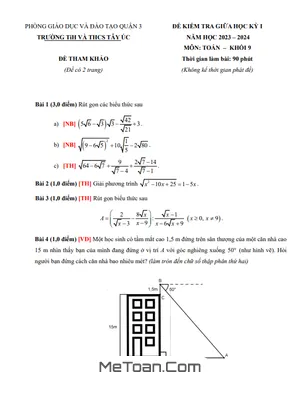 Đề Tham Khảo Giữa Kỳ 1 Toán 9 Năm 2023 - 2024 Trường TiH - THCS Tây Úc - TP HCM