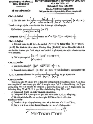 Đề thi Tuyển Sinh Lớp 10 Môn Toán (Chuyên) Trường THPT Chuyên Quốc Học Huế Năm 2021 - 2022