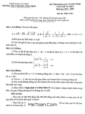 Đề thi khảo sát Toán vào lớp 10 năm 2019 – 2020 trường Trương Công Định – Hải Phòng