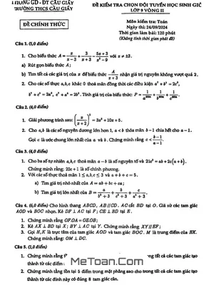 Đề thi chọn HSG Toán 9 vòng 2 năm học 2024 - 2025 trường THCS Cầu Giấy - Hà Nội
