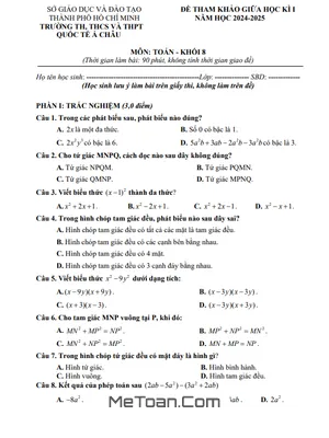 Trọn bộ 12 Đề thi giữa kì 1 Toán 8 năm 2024 - 2025 phòng GD&ĐT Quận 3 - TP HCM