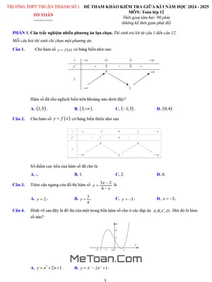 Đề Tham Khảo Giữa Kì 1 Toán 12 Năm Học 2024 - 2025 Trường THPT Thuận Thành 1 - Bắc Ninh