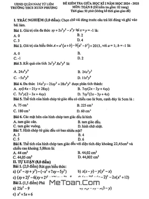 Đề thi giữa kì 1 Toán 8 năm 2024 - 2025 trường THCS Xuân Phương - Hà Nội