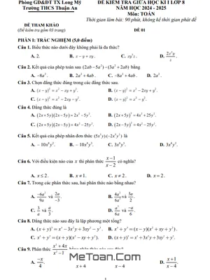 Đề tham khảo giữa kì 1 Toán 8 năm 2024 - 2025 trường THCS Thuận An - Hậu Giang