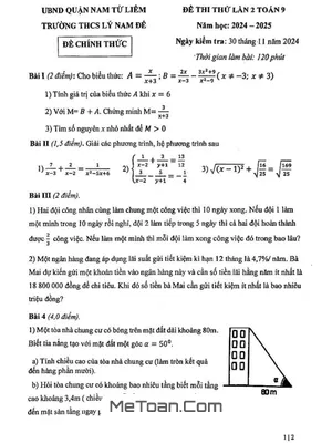 Đề thi thử Toán 9 lần 2 năm 2024 - 2025 trường THCS Lý Nam Đế - Hà Nội