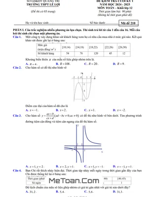 Đề thi học kỳ 1 Toán 12 năm 2024 - 2025 trường THPT Lê Lợi - Quảng Trị