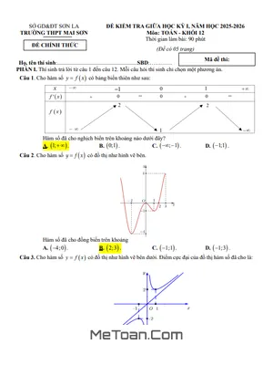 Đề Thi Giữa Học Kỳ 1 Toán 12 Năm 2025 – 2026 Trường THPT Mai Sơn, Sơn La (Có Đáp Án)