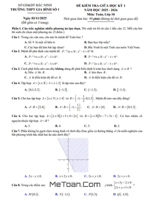 Đề thi giữa học kỳ 1 Toán 10 năm 2025 - 2026 trường THPT Gia Bình 1 - Bắc Ninh có đáp án
