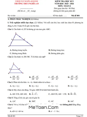 Đề thi học kỳ 1 Toán 8 năm 2025 – 2026 trường THCS Nghĩa An – Nghệ An