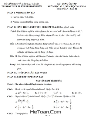 Đề Cương Ôn Tập Giữa Học Kỳ 2 Môn Toán 12 Năm Học 2025 – 2026 Trường THPT Trần Phú – Hà Nội