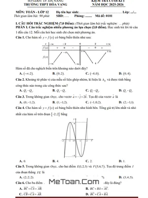 Đề cuối kì 1 Toán 12 năm 2025 – 2026 trường THPT Hòa Vang – Đà Nẵng