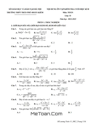 Đề cương ôn tập học kì 2 Toán 11 năm 2022 - 2023 trường THPT Trần Phú - Hà Nội