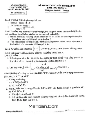 Đề thi Olympic Toán 11 năm 2017 - 2018 cụm trường Thanh Xuân & Cầu Giấy - Hà Nội