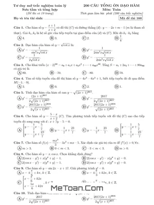 200 Câu Vận Dụng Cao Đạo Hàm Ôn Thi THPT Môn Toán