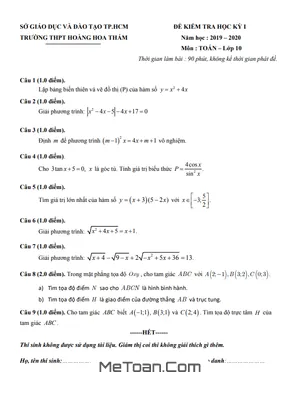 Đề thi học kì 1 Toán 10 năm 2019 - 2020 trường Hoàng Hoa Thám - TP.HCM (Có lời giải)
