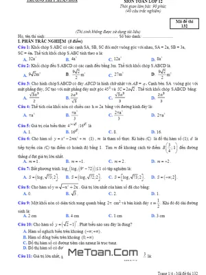 Đề thi học kỳ 1 Toán 12 năm 2017 - 2018 trường THPT Xuân Hòa (có đáp án)