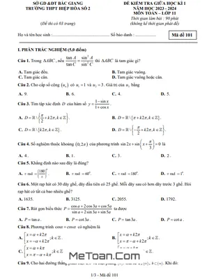 Đề Thi Giữa Học Kì 1 Toán 11 Năm 2023 - 2024 Trường THPT Hiệp Hòa 2 - Bắc Giang