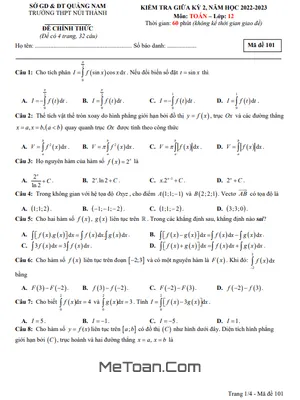 Đề thi giữa học kỳ 2 Toán 12 năm 2022 - 2023 trường THPT Núi Thành - Quảng Nam
