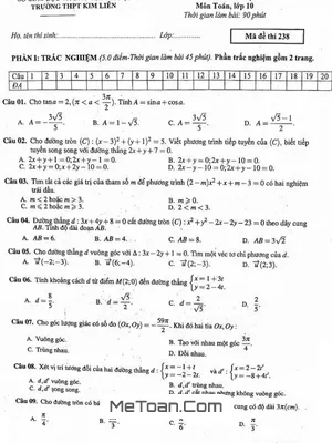 Đề thi HK2 Toán 10 năm 2016 - 2017 trường THPT Kim Liên - Hà Nội