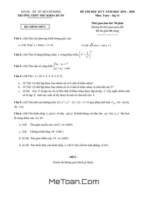 Đề Thi HK1 Toán 11 Năm 2019 - 2020 Trường THPT Thủ Khoa Huân - TP.HCM