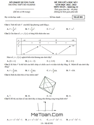 Đề giữa kì 1 Toán 12 năm 2022 - 2023 trường THPT Hồ Nghinh - Quảng Nam